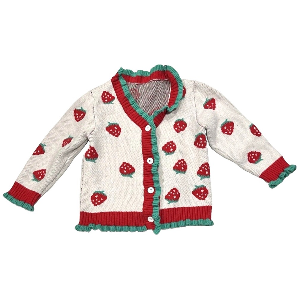 Vtg Kids Cardigan Sweater Multicolor Long Sleeve Button Strawberry Novelty 2T